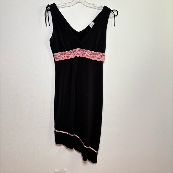 Vintage 90s Y2K Coquette Asymmetrical Babydoll Stretchy  Midi Dress Lace Bow S/M - Picture 14 of 16